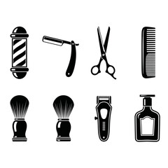 Set of black and white barber shop tools and equipment icons.