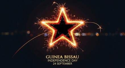 Sparkling Star Fireworks Celebrating Guinea Bissau Independence Day, Dark Night Sky.