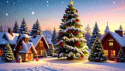 Obraz premium Snowy Christmas village scene with a large decorated tree