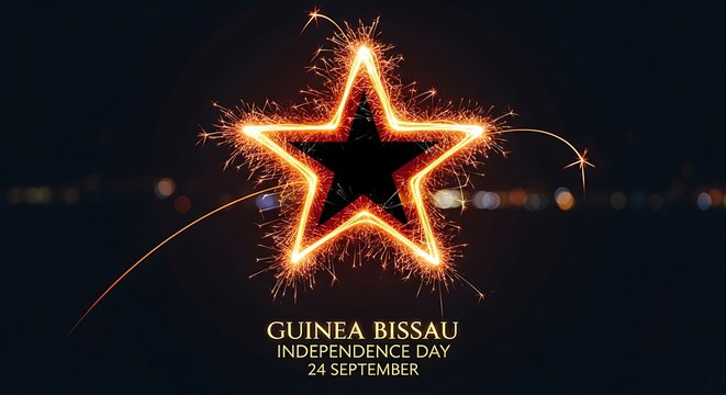 Sparkling Star Fireworks Celebrating Guinea Bissau Independence Day, Dark Night Sky.