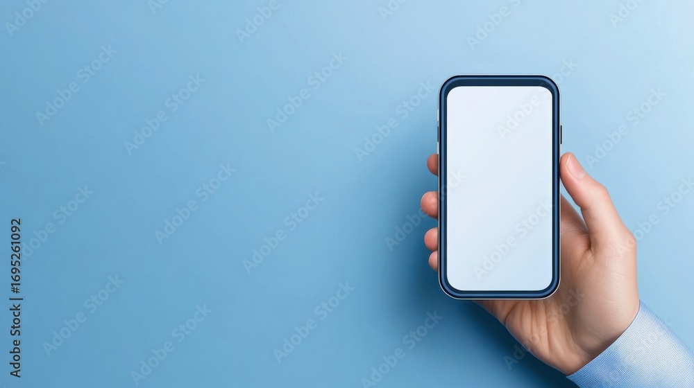 Poster hand holding smartphone on blue background with empty screen for display