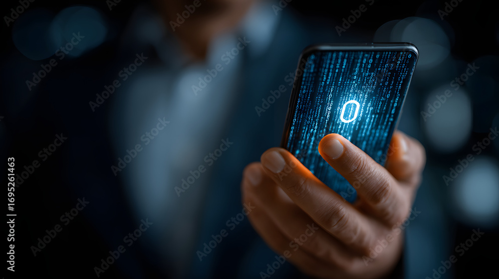 Aufkleber cybersecurity and privacy t protect data. businessmanuse smartphone with cyber ecurity technology fo