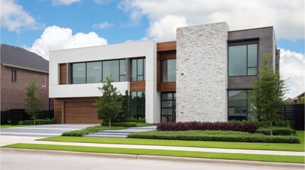 facade. Modern residential architecture with clean lines, bathed in neutral tones under daylight. real-estate listings.