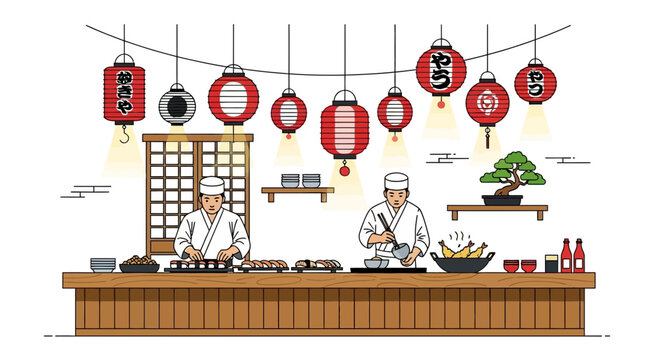 Vibrant japanese culinary experience restaurant with chefs and decorations