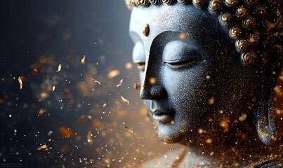 Golden Buddhist statue in a peaceful Asian temple, bathed in the spiritual glow of the night
