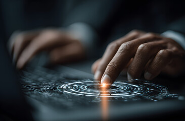 Businessman ensures cybersecurity with secure laptoplogin using encryption, auhentication for datum protction. Digital safety, priate online business. Firewll, safe access, code veriication via