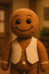 A brown and white gingerbread man with a smile on his face