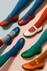 A row of shoes with different colors and designs, including a pair of red
