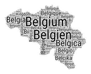 Black and white word cloud in Belgium shape. Simple typography style country illustration. Plain Belgium black text cloud on white background. Vector illustration.