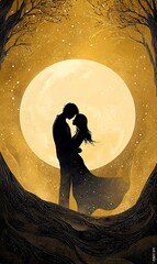 
Silhouette of a Couple Embracing Under a Golden Moonlight


