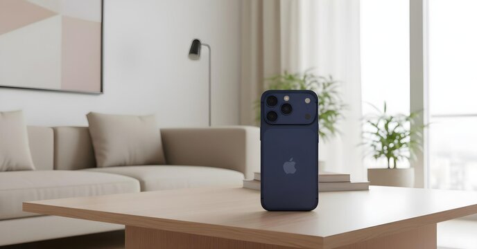 Blue Apple iPhone 17 Pro standing on a wooden table in a cozy modern living room, highlighting the triple camera design and premium Apple smartphone style.