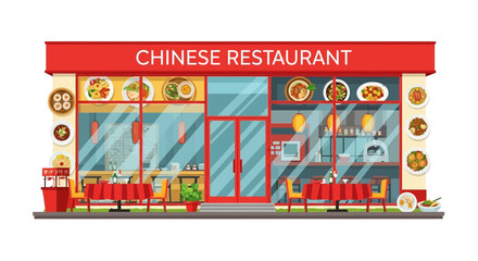 Inviting facade of an authentic Chinese restaurant with vibrant dishes