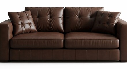 Luxurious deep brown leather sofa with plush tufted cushions and matching throw pillows offers ultimate comfort and elegant style.