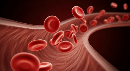 A close up view of red blood cells flowing through a blood vessel in a dark red environment