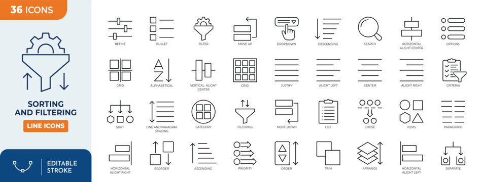 Sorting and filtering line editable icon set. Contain icons related to filter, category, arrange, list, sort,  reorder, organize, and more. Editable stroke. Vector illustration
