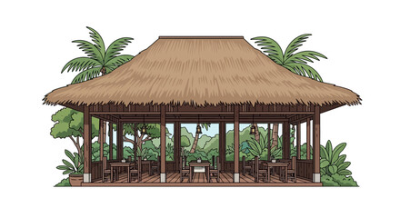 Serene tropical gazebo restaurant with lush greenery and a thatched roof