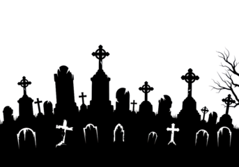 A detailed illustration of weathered tombstones and crosses in a somber cemetery scene.