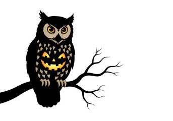 Fototapeta premium A stylized owl silhouette, perched on a branch, features a glowing jack-o'-lantern design on its body, set against a stark Transparent background.