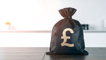 Black money bag with pound sterling symbol on wooden table against white background