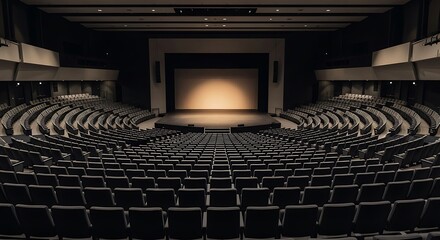 Luxurious cinema auditorium with red velvet seats and large screen ready for movie showing