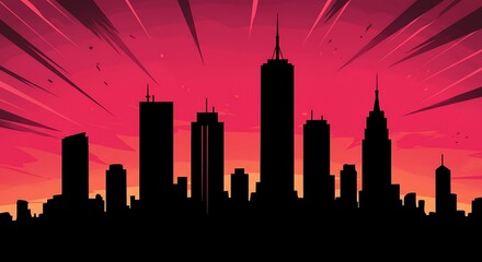 Silhouette Cityscape at Sunset with Striking Red Sky Background