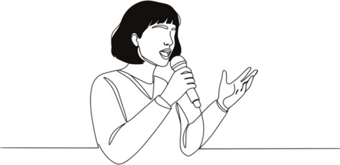 Woman speaking with a microphone in a continuous line drawing style
