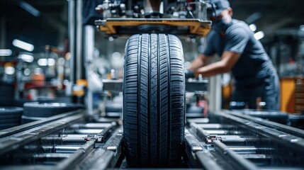 Fototapeta premium Car Tire Service with Precision Equipment in Auto Workshop