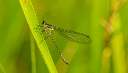 Delicate damselfly perched on a blade of grass in vibrant green tones