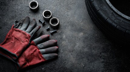 Minimal flat lay scene with tire tools, gloves, and wheel bolts on dark concrete background