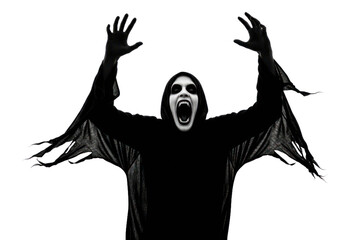 A figure in a dark robe, arms outstretched, screams in a dramatic, black and white silhouette against a stark Transparent background.