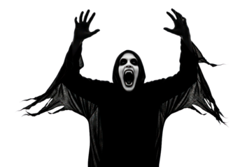 A figure in a dark robe, arms outstretched, screams in a dramatic, black and white silhouette against a stark Transparent background.
