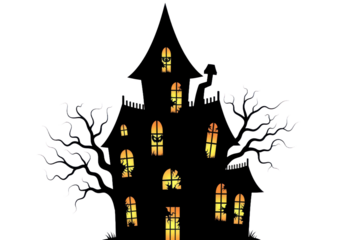 A spooky silhouette of a haunted house at night, outlined with a spooky tree against a Transparent backdrop.