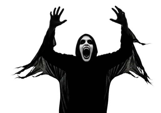 A figure in a dark robe, arms outstretched, screams in a dramatic, black and white silhouette against a stark Transparent background.