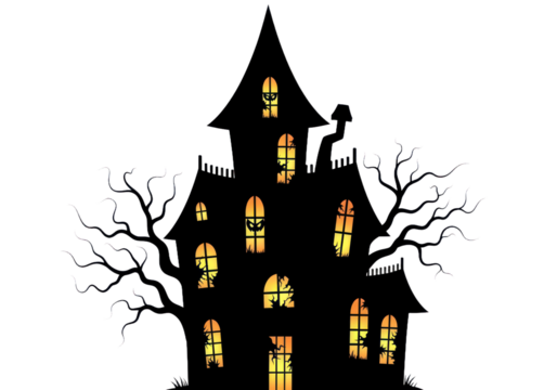 A spooky silhouette of a haunted house at night, outlined with a spooky tree against a Transparent backdrop.