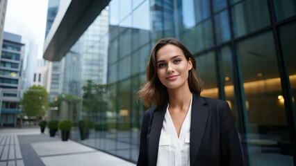 A confident businesswoman exudes elegance and ambition, striding through a modern cityscape, her gaze reflecting determination and success.