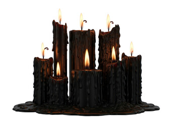 A group of dark, dripping candles with flickering flames against a Transparent background.