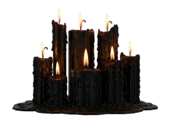 A group of dark, dripping candles with flickering flames against a Transparent background.
