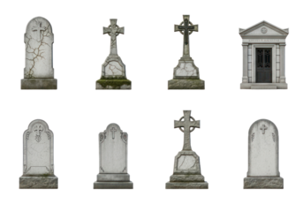 Set of various aged, weathered gravestones and mausoleum elements on a Transparent background.