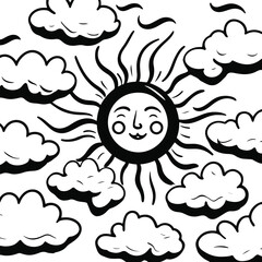 Black and white bold line art Sun and clouds bold outline black line art with thick curved shapes on white background 2