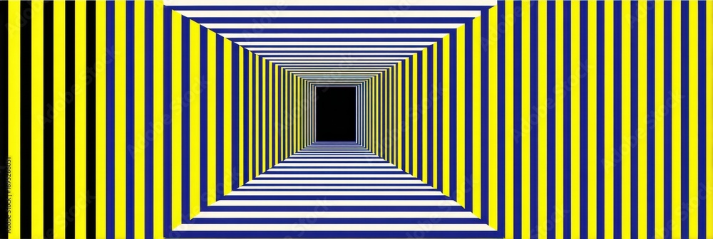 Poster visual experience of a geometric tunnel with alternating black, blue, and yellow stripes creating an