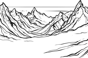 Mountain landscape bold outline black line drawing with peaks and horizon on white surface 3