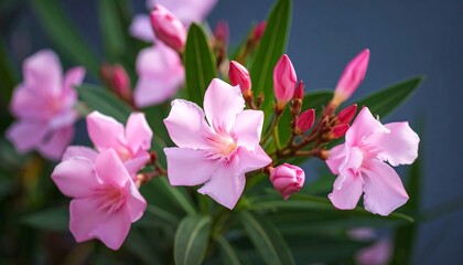 Obraz premium Delicate pink oleander blossoms and buds in a close-up botanical view