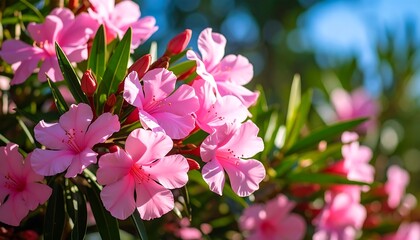 Obraz premium Delicate pink oleander flowers with green leaves bloom in summer