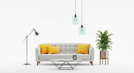Modern living room scene with white sofa, yellow cushions, marble coffee table, floor lamp, and plant