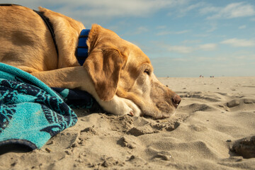 A Yellow Labrador Retriever sleeping on the beach after a long day of walking on the beach, chasing the football and asking for treats