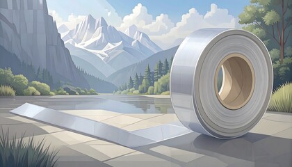 Rolled tape next to a tranquil mountain lake