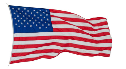 Fototapeta premium A vibrant United States flag billows in the wind against a stark Transparent background, displaying its iconic red, white, and blue colors.