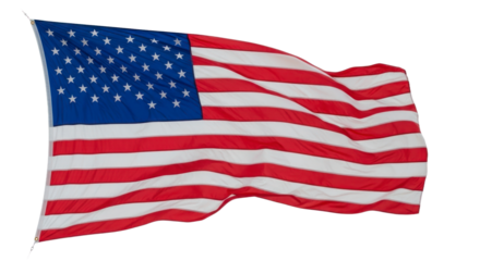 A vibrant United States flag billows in the wind against a stark Transparent background, displaying its iconic red, white, and blue colors.