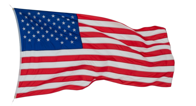 A vibrant United States flag billows in the wind against a stark Transparent background, displaying its iconic red, white, and blue colors.