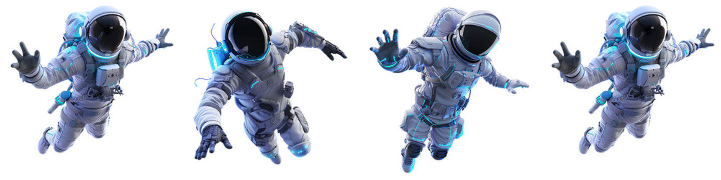 Astronauts floating in zero gravity with futuristic glowing suits, exploring cosmic frontiers, ready for space adventure and science fiction storytelling, modern